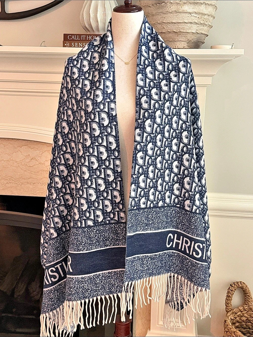 Christian Dior Oblique Cashmere Shawl Monogram Scarf Blue & White VIC Gift